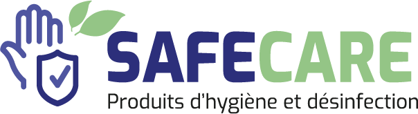 Logo Safecare vert avec la baseline "produits d'hygiène et désinfection"