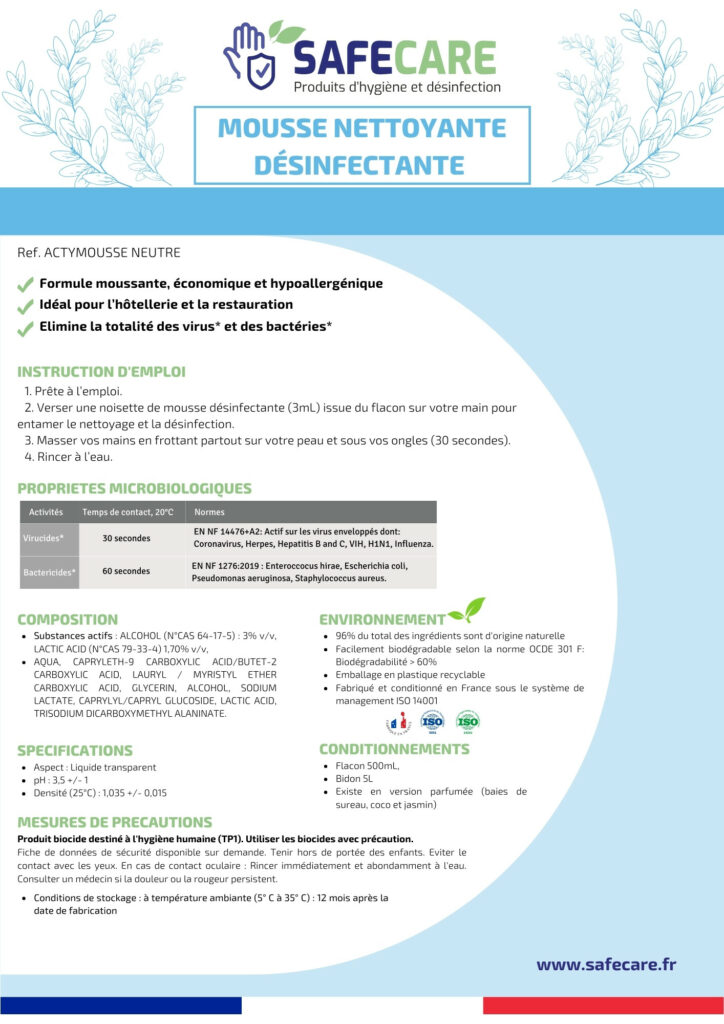 Fiche technique mousse nettoyante désinfectante hypoallergénique (fr)