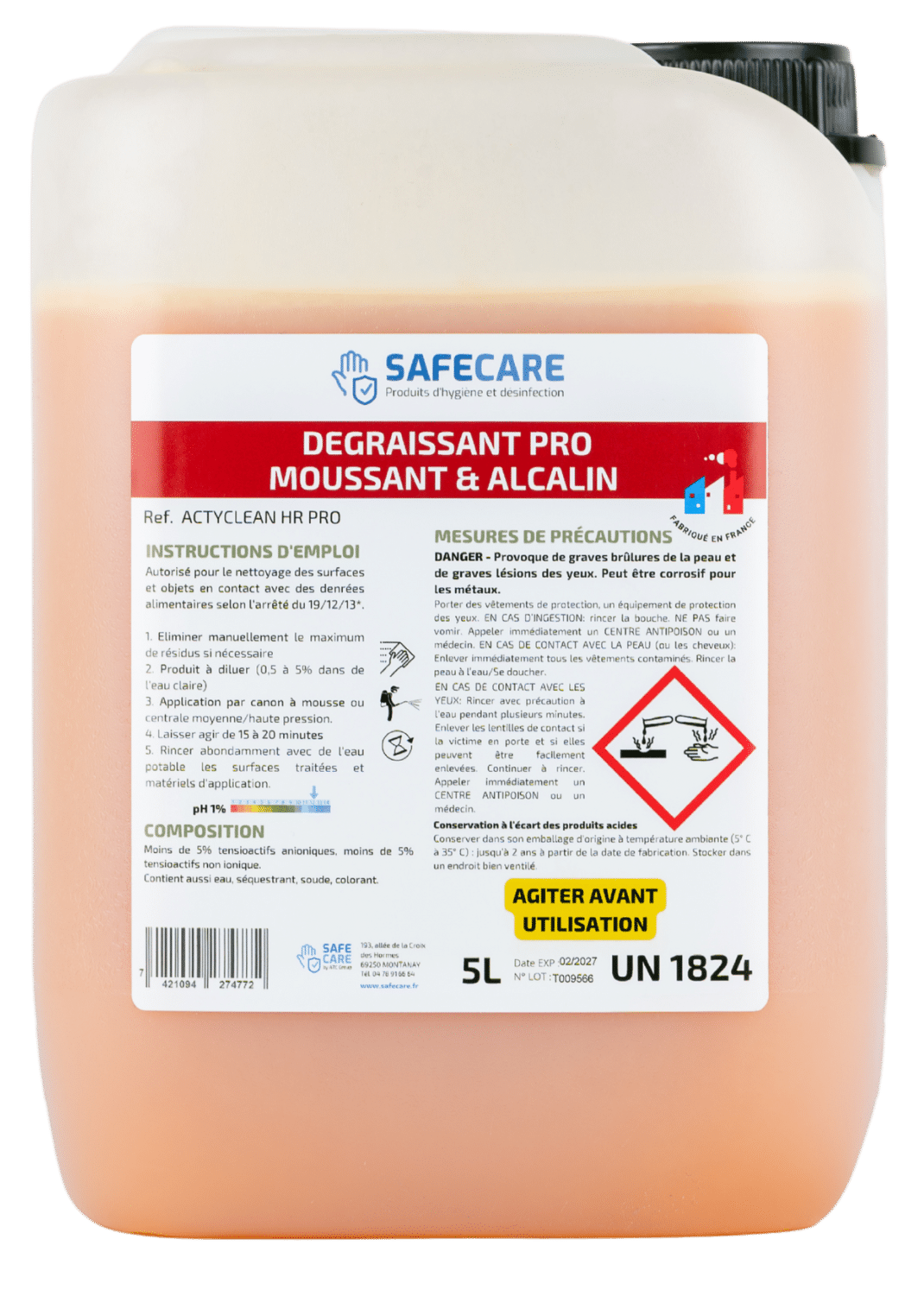 Dégraissant pro moussant et alcalin en bidon de 5L - Hotte